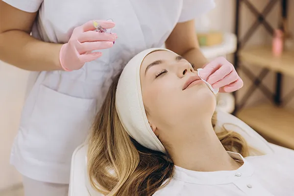 A smiling woman lays back while a dental professional inspects her face in preparation for a cosmetic dermal fillers treatment.