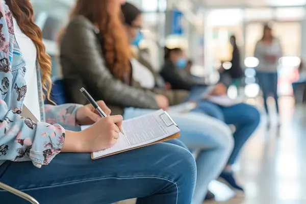 Patients seated in a dental clinic waiting room, filling out new patient forms on clipboards.